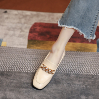 杏色 34 单鞋女2021春款粗跟方头乐福鞋百搭女鞋英伦风链条小皮鞋高跟鞋夏