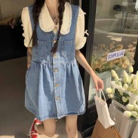 单件衬衫 S(75-95斤) 大码女装2022夏装胖mm时尚套装韩版娃娃领衬衫+V领减龄牛仔背带裙