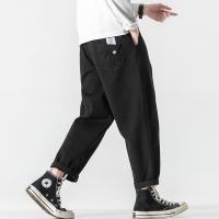 典雅黑色 L 胖哥家秋季春季潮流抽绳束脚裤男宽松直筒大码胖人九分裤休闲裤子