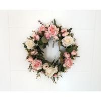 圆形-粉色 玫瑰仿真花假花挂饰门饰心形花环门楣婚庆婚房店铺卧室绢花装饰花