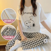 SY-03212#格子裤小狗 M 短袖长裤套装月子服产后喂奶孕妇哺乳棉质睡衣家居6月份7夏季薄款