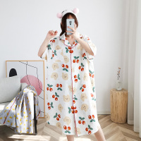 3366白色樱桃兔子 均码 大码纱布睡衣女200斤夏双层棉纱短袖开衫孕妇家居裙胖mm哺乳睡裙