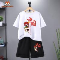 国狮白+国狮黑裤 110cm 六一儿童合唱演出服中国风民族服装朗诵衣服啦啦队表演服男童短袖