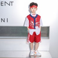 红色送头带 110 汉服男童演出服儿童六一街舞中国风唐装夏款短袖改良中式男孩服装