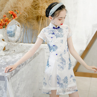 蓝色-青花瓷 110 女童旗袍夏季薄款中国风儿童古风唐装古筝演出服小女孩公主连衣裙