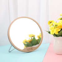 驼色 圆形木镜 木质镜子台式化妆镜桌面梳妆镜简约折叠便携书桌学生宿舍镜