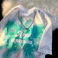 白色 S Jew4room高街潮流辣妹风项链蝴蝶印花情侣短袖T恤男独特挂脖上衣