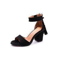 黑色[跟高7厘米] 34 韩版2022夏季女凉鞋绒面流苏中跟粗高跟鱼嘴露趾7厘米黑色女鞋