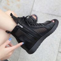 黑色 35 马丁靴女夏透气网布高帮鱼嘴鞋女松糕厚底内增高系带凉靴露趾凉鞋