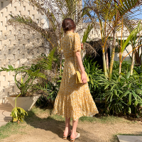 黄色 S 雪欧尼粉丝专享压皱碎花连衣裙碎花连衣裙女夏季长款收腰短袖