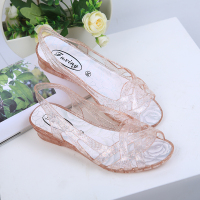 香槟色 36码鞋长是22.5cm 凉鞋女夏防滑防水耐磨坡跟透明水晶时尚百搭粗跟鱼嘴露趾沙滩雨鞋