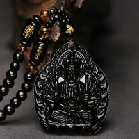 黑曜石守护神吊坠[鼠] 黑曜石十二生肖观音佛像吊坠男女本命年鼠牛虎佛珠守护神项链饰品