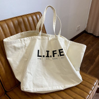 米白色 韩版ins大容量托特包百搭加厚字母LIFE单肩女包水饺包水洗帆布袋