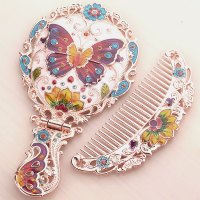 蝴蝶套装玫瑰金 俄罗斯手柄小镜子带梳子套装复古随身便携化妆镜可折叠台式公主镜