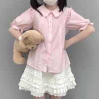 粉色 小码(145~155) 小奶猫衬衫甜心曲奇原创花边套装波点日系软妹显瘦短袖尖领宽松百