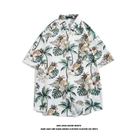 白色 S 日系菠萝满印短袖衬衫男港风复古潮流宽松休闲情侣款夏装沙滩衬衣