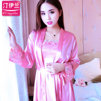 主图桃花款702-西瓜红 160(M) 。睡衣女夏季短袖两件套装丝绸蕾丝中裙性感春秋长袖冰丝睡裙家居