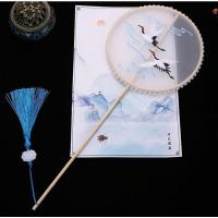 仙鹤圆扇珍珠包边 古风团扇宫扇刺绣绣花儿童成人长短柄汉服旗袍舞蹈走秀拍照扇专用