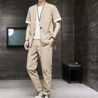 初心浅咖色(3件套) M 中国风男装夏季套装男士唐装夏天薄款短袖T恤青年潮牌复古汉服男