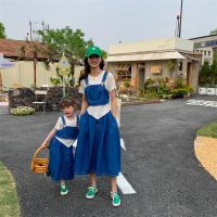 白色 90cm 母女装牛仔背带裙套装夏装装花朵连衣裙长裙抽绳田园宽松亲子装桶