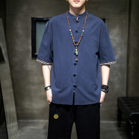 1029蓝色 M 中国风亚麻衬衫男短袖夏季薄款五分袖衬衣青年大码棉麻唐装上衣潮