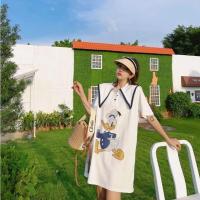 白色 S 韩国娃娃领重工唐老鸭烫钻中长款短袖T恤裙女夏季宽松显瘦连衣裙