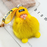 柠檬黄领结镶钻 钥匙扣挂件可爱毛绒娃娃真狐狸毛书包挂绳饰品女车挂坠贝丁兔优选