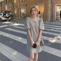 灰色 L 80-110 特大码宽松遮肉连衣裙女夏胖MM懒人宽松显瘦泡泡袖重工亮片T恤裙