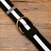 黑色 古铜黑色间白条 105cm 男女士百搭帆布休闲腰带双环扣加长牛仔裤带条纹大码双圈皮带织带