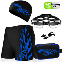 蓝烈火[套装](泳镜不近视) L[建议体重90-110斤] 泳裤男 平角速干防水泳衣泳帽泳镜男士游泳装备沙滩游泳裤防尴尬