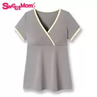 褐色+米边(短袖) XL SweetMom孕妇春夏短袖t恤时尚月子服哺乳衣棉外出上衣秋喂奶打底