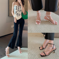 黑色 35 方头高跟鞋女法式一字带扣链条性感百搭白色设计感小众细跟凉鞋子