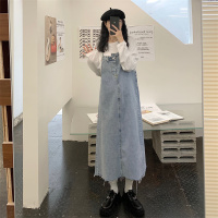浅蓝色 S[建议80-90斤] 大码胖mm减龄牛仔背带裙女2022年港风复古宽松显瘦中长款吊带裙潮
