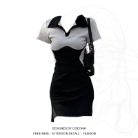 杏黑撞色裙 M 大码胖妹妹甜辣风修容裙女夏季POLO领修身显瘦拼色开叉短裙连衣裙