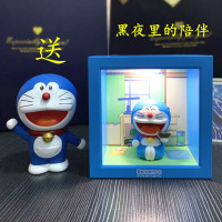 蓝色小夜灯(送10cm叮当/卡片 哆啦A梦摆件床头灯可爱柔和护眼光可调节卡通相框小夜灯生日礼物