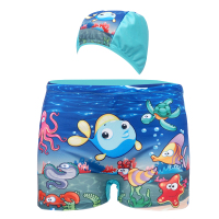 B13海底世界 4码(适28-38斤穿) 儿童泳衣男童中大童韩国幼儿宝宝平角分体泳裤卡通印花游泳装泳帽