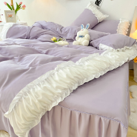 梦娜-柔雾紫 0.9m宿舍床[床单款三件套]-适合150×200被子 春夏季法式ins水洗棉被子床上四件套冰丝床裙被套床