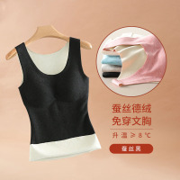 蚕丝黑 160(M) 90-105斤 是 德绒背心女加绒带胸垫自蚕丝发热无痕秋衣打底衫保暖内衣冬季上衣