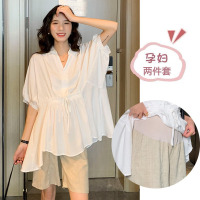 卡其色托腹短裤(单件) M 孕妇装夏装套装外出时尚款雪纺衬衫夏天娃娃衫上衣短裤两件套夏季