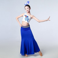 白色+宝蓝 160cm 儿童傣族舞蹈服装弹力孔雀舞演出服女童包臀鱼尾裙少儿民族表演服