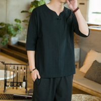 黑色 M 亚麻短袖t恤男夏季薄款中国风男装汉服加肥加大宽松胖子唐装半袖