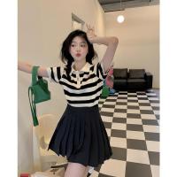 百褶裙 S SEOUL韩系复古黑白条纹POIO领小衫樱桃刺绣短袖+学院风百褶裙套装