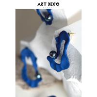 螺旋耳夹 一对 ArtDeco 克莱因蓝系列 | 深蓝哑光喷漆七彩贝珠海浪形态艺术耳环