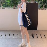 藏青色 2021小众帆布包女夏包包潮个性洗水牛仔抽绳背囊单肩斜挎包女