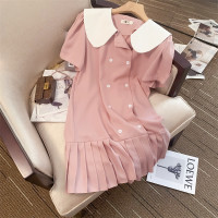 图片色 S 娃娃领连衣裙女短袖夏季韩版宽松直筒双排扣简约百搭中长百褶裙子