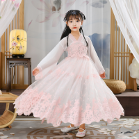 粉红色广袖1 如图送头饰眉心贴 110cm 女童汉服古典舞蹈演出服装你像三月三桃花开烟雨行舟桃花笑胭脂妆