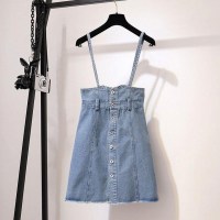 单件裙子 2XL +[建议120-130斤 单件/套装 女两件套裙子时尚港风复古洋气牛仔背带裙一字肩雪纺衫