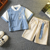 蓝色 100 男童夏季唐装套装复古汉服宝宝夏装中国风童装潮男孩棉麻改良民族