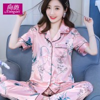 XW-6221粉色风铃花短长 M(85-100斤) 冰丝睡衣女士夏季可爱学生薄款丝绸短袖长裤套装韩版春秋家居服