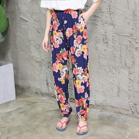 ZY女束脚长裤-藏蓝底橘红花 L 外穿棉绸束脚睡裤女长裤子绵绸家居裤春秋夏人造棉大码薄沙滩空调